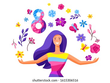 Greeting card for International Womens Day celebration. 8th March background with girl and flowers in trendy style.