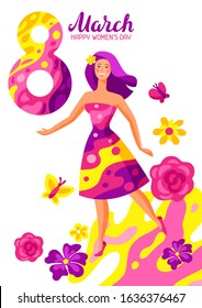 Greeting card for International Womens Day celebration. 8th March background with girl and flowers in trendy style.