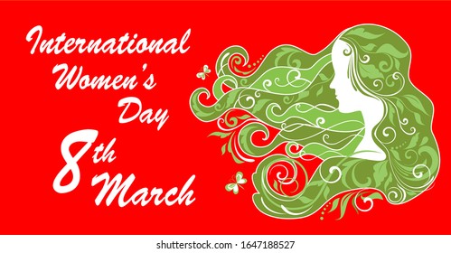 Greeting card for International Women's Day March 8th with woman profile and abstract floral pattern