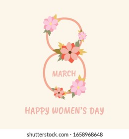 Greeting card for International Womens Day. Text Happy women's day with flowers. Vector illustration.