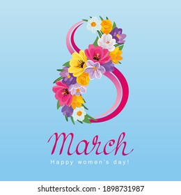 Greeting card for International Women's Day with blooming crocuses and tulips, laid in a wave, figure eight and the calligraphic word "March".  Vector illustration, postcard, poster, invitation