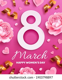 Greeting card for International Women's Day (March 8). Number 8 on a pink background with flowers, serpentine, pearls and paper hearts. 