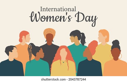 Greeting card with International Women's Day. Crowd of modern women of different nationalities and religions in flat design style. Vector.