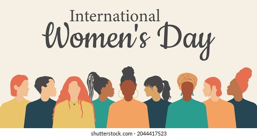 Greeting card with International Women's Day. Crowd of modern women of different nationalities and religions in flat design style. Vector.