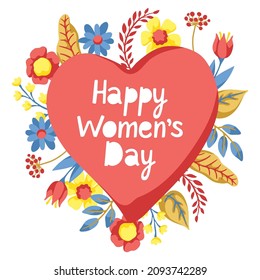 Greeting card for International Womens Day celebration. 8th March background with spring flowers. Beautiful decorative natural plants and leaves.