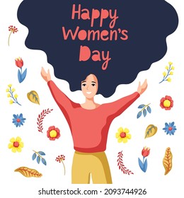 Greeting card for International Womens Day celebration. 8th March background with girl and flowers.