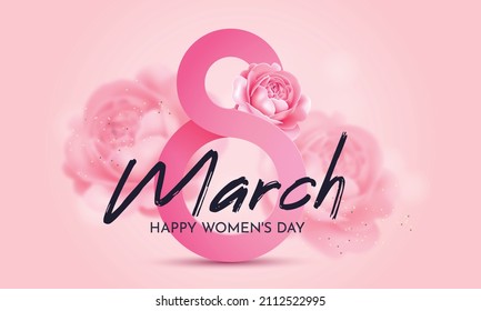 Greeting card for International Women's Day (March 8).Pink number 8 with roses on a pink background with an inscription. - Shutterstock ID 2112522995
