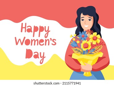 Greeting card for International Womens Day celebration. 8th March background with girl and flowers.