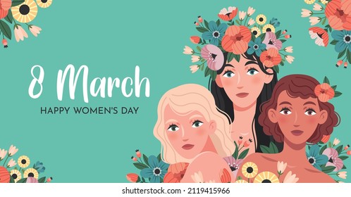 Greeting card for International Women's Day (March 8). Beautiful women of different nationalities among flowers and plants.