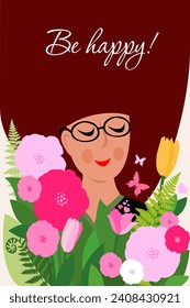 Greeting card for International Women's Day. Modern festive vector illustration for 8 March celebration. postcard template with flower bouquet, women and Happy Womens Day wish. Be happy! 