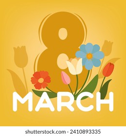 Tarjeta de saludo para el Día Internacional de la Mujer con el texto del 8 de MARZO y