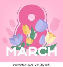 Greeting card for International Women's Day with text 8 MARCH an