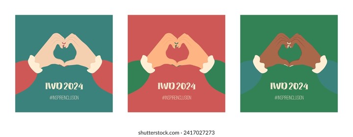 Greeting card for International Women's Day 2024 with slogan InspireInclusion. IWD square design with hands show Heart Shape. Postcard for subject of social campaign Inspire inclusion in 8 March.