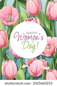 Greeting card for International Women's Day. Poster with pink tulips for March 8th. Vector template with spring bouquet