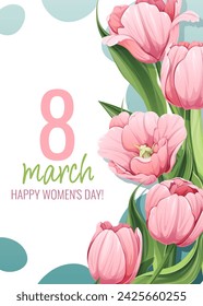 Greeting card for International Women's Day. Poster with pink tulips for March 8th. Vector template with spring bouquet