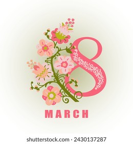 Greeting card for International Womens Day, March 8. Pink number 8 with flowers ornament with inscription. Vector illustration
