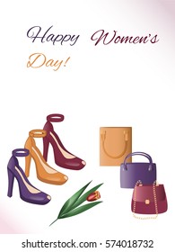 Greeting Card International Women's Day on 8 March, shoes and handbags for women different styles
