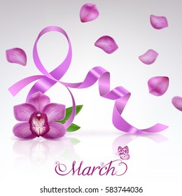 greeting card with International Women's Day on 8 March with orchid