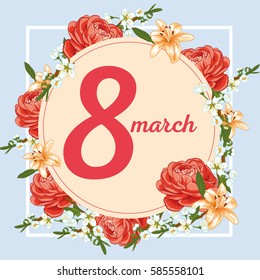 Greeting Card International Women's Day. Congratulations on March 8. Roses motifs