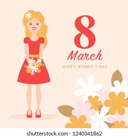 Greeting card for international worldwide womans day with the big red 8 in the center. Girl character. Applique to Women's Day March 8. Flat design
