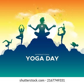 Greeting card for International yoga day. Group of people practicing yoga and morning sunrise background Vector illustration - Shutterstock ID 2167749331