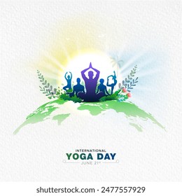 Tarjeta de felicitación del Día Internacional del Yoga 21 de junio. Anuncio de afiches y diseño de publicaciones en redes sociales.