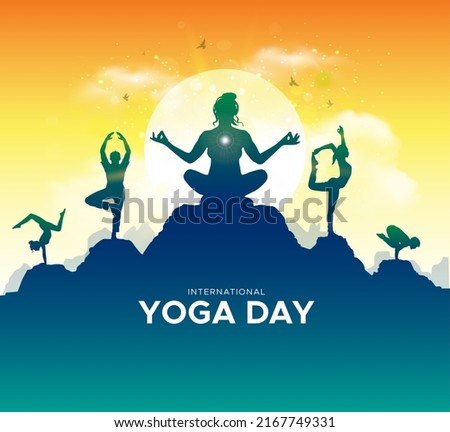 Greeting card for International yoga day. Group of people practicing yoga and morning sunrise background Vector illustration