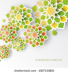 Greeting card with intricate Arabic paper graphic of Islamic geometric art. Ramadan Kareem is the name of the glorious month of Ramadan. Muslim community festival