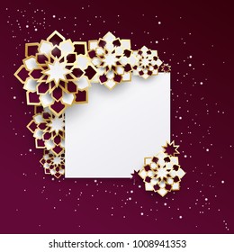 Greeting card with intricate Arabic paper graphic of Islamic geometric art. Concept for Ramadan (glorious month of Ramadan, muslim community festival)