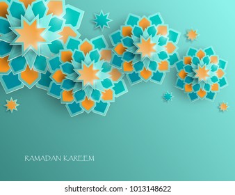 Greeting card with intricate Arabic paper graphic of Islamic geometric art. Ramadan Kareem is the name of the glorious month of Ramadan. Muslim community festival