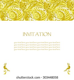 Greeting card or invitation with abstract background. lace hand drawn ornament . gold on white . vector illustration.