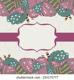 Greeting card, invitation, banner. Frame on the tape in the middle of the card and a lot of muffins from above and below. Vector illustration.