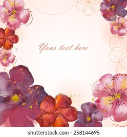 Greeting card, invitation, banner. Frame for your text with floral watercolor background. Vector illustration.