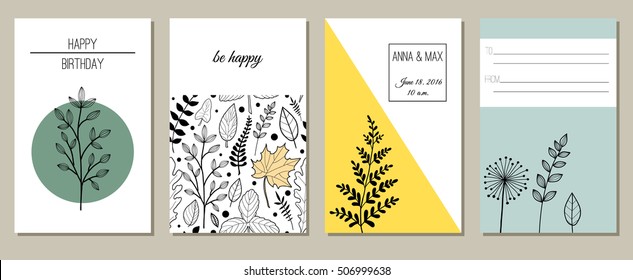 Greeting card, invitation or banner. Template for your design. Plants and herbs vector illustration. Hand Drawn Elements for postcard, flyer. Yellow and green