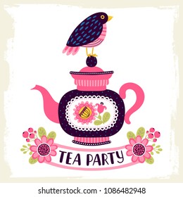 Greeting card or invitation with bird and teapot. Can be used for scrapbook, menu template, print and etc.