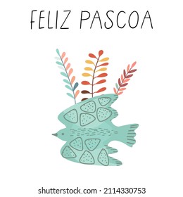 Greeting card, invitation, with bird and twigs, portuguese text Feliz Pascoa, happy easter, vector illustration concept for holiday decor element. flat style