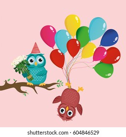 Greeting card or invitation for a birthday and a holiday. The owl hangs upside down on the balloons. And an owlet on a branch with a bouquet of flowers roses. Vector.
Empty space for text and ad