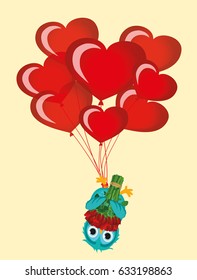 Greeting card or invitation for a birthday and a holiday. The owl with Bouquet of red flowers hanging upside down on Balloons in the shape of heart. Vector. Empty space for text and advertising