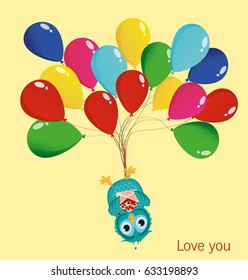 Greeting card or invitation for a birthday and a holiday. The owl hanging upside down on balloons. Vector. Empty space for text and advertising