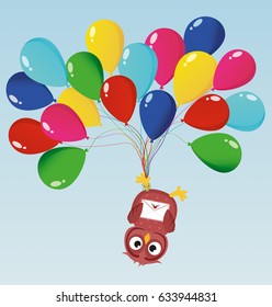 Greeting card or invitation for a birthday and a holiday. The owl hanging upside down on balloons. Vector. Empty space for text and advertising