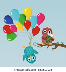 Greeting card or invitation for a birthday and a holiday. The owl hangs upside down on the balloons. And an owlet on a branch with a bouquet of flowers roses. Vector.
Empty space for text and ad