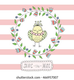 Greeting card, invitation in a blue strip with a frame of flowers and leaves with an bird inside.
