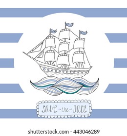 Greeting card, invitation with blue stripes with a round frame and a sailing ship in the center.