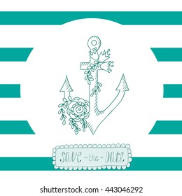 Greeting card, invitation with blue stripes with round frame and anchor in the center.