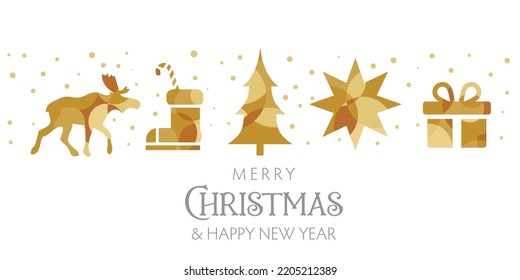 Greeting card invitation with Christmas Tree, gift, elk and stars. Merry Christmas and Happy New Year lettering template. Winter holidays related typographic quote. Vector vintage illustration.