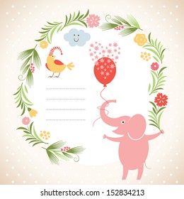 Greeting card or invitation, cute elephant