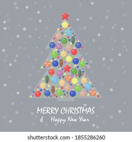 A greeting card, an invitation with a decorated Christmas tree. Celebrating New Year. Colorful balls, stars and cones holiday symbols. Vector illustration.