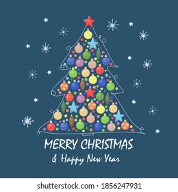 A greeting card, an invitation with a decorated Christmas tree. Celebrating New Year. Colorful balls, stars and cones holiday symbols. Vector illustration.