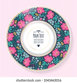 Greeting card or invitation with a decorative plate and flowers. Can be used for scrapbook, menu template, print and etc.