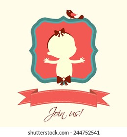 Greeting card or invitation card design with blank ribbon for your text and little cute kid on beige background.